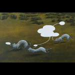Painting detail of 3 weasels running together with blank speech bubbles