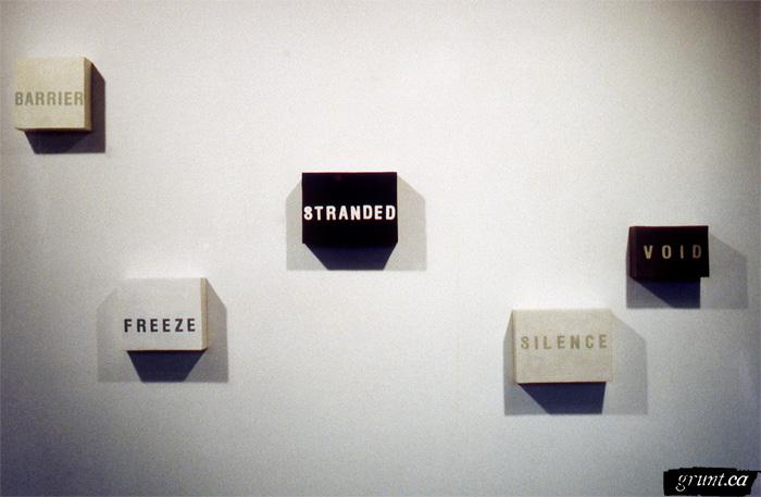 2000 01 11 Lisa Fedorak Drawing A Blank installation detail 5 black and white text paintings words barrier freeze stranded silence void