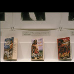 detail of three paperback romance novels on shelf