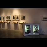 Installation view, book-shaped lightbox, shelves along wall with books and photos